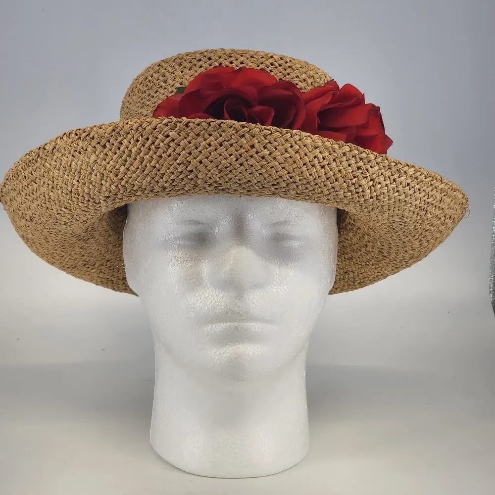 Eric Javits Luxury Squishee Sun Hat Beige Packable Woven Rose Brim Hatpin Vtg - Picture 2 of 14